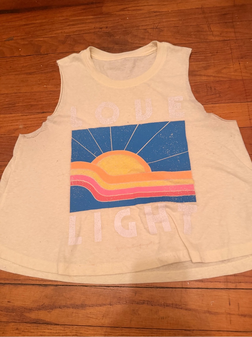 Spiritual Gangster Cream Tank with Blue, Yellow & Pink Sunrise Graphic